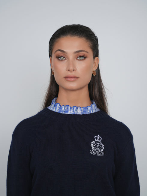 Point Fine Knit Crew Melange Sweater in Navy